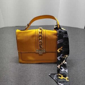 Aldo Satchel Handbag Chain Detail Scarf Accent Yellow Faux Leather Top Handle